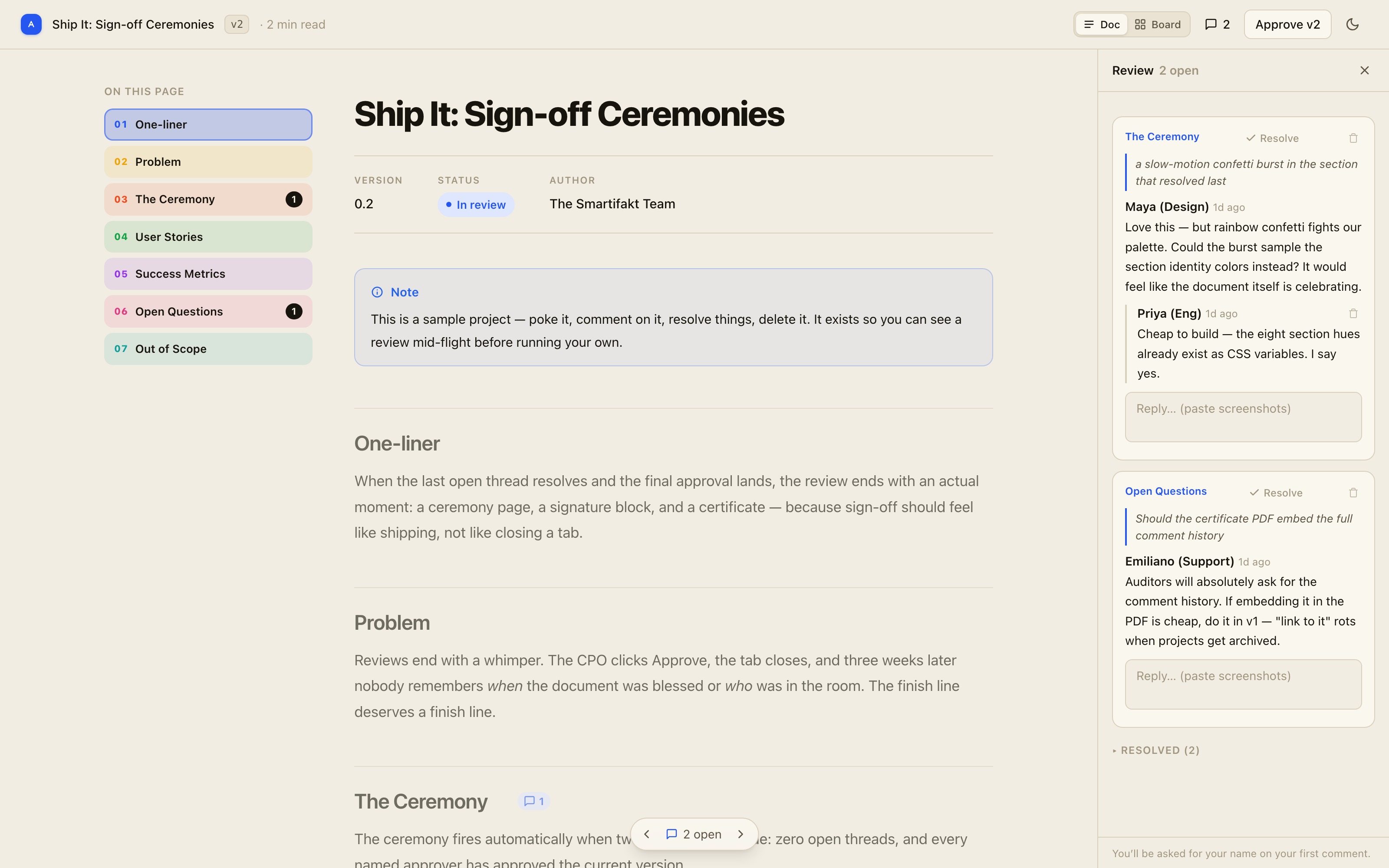 Document view: rendered PRD with a colored section rail, anchored comment threads in a side panel