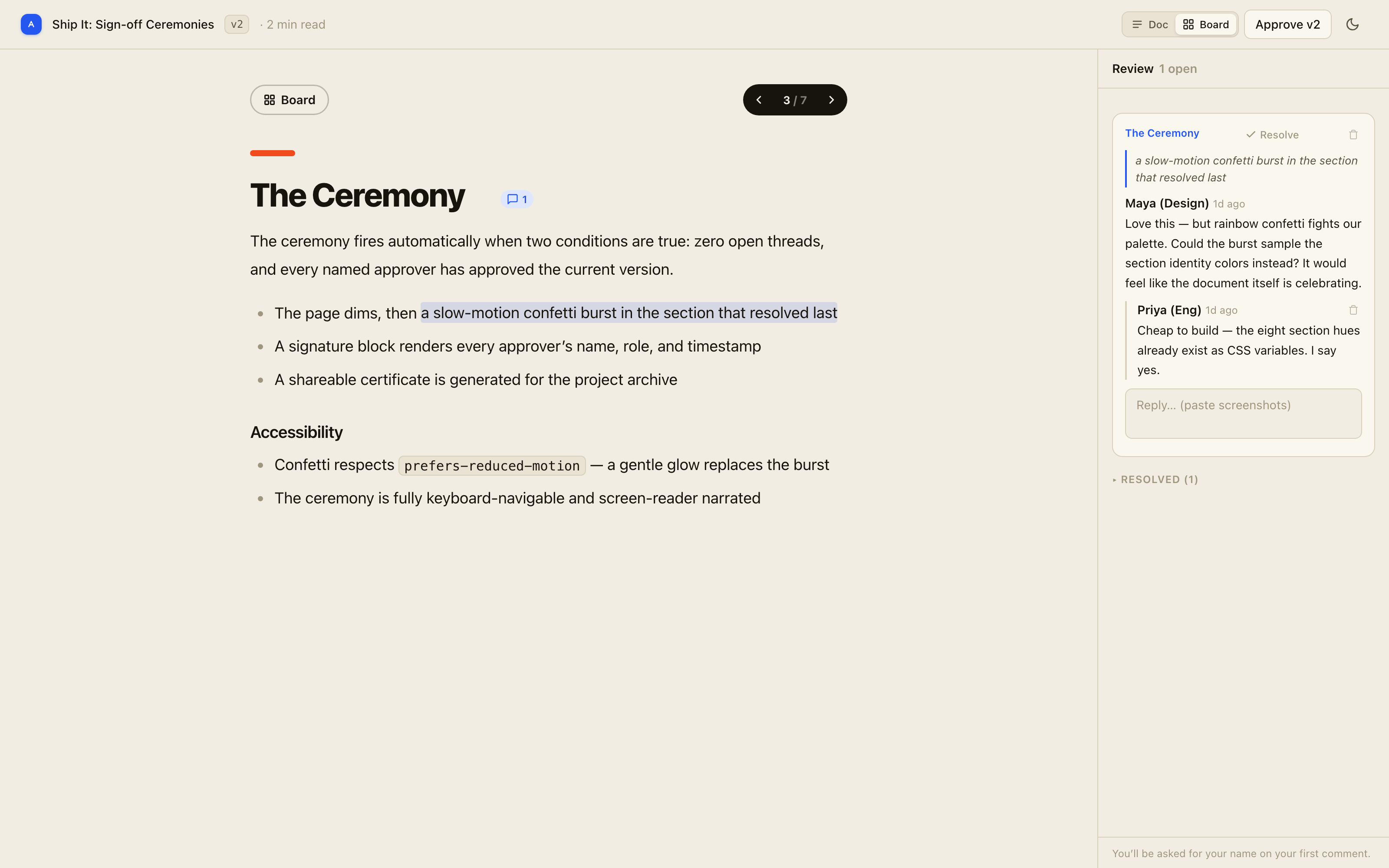 Reader view: one section in large type with its comment threads alongside